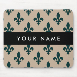 Fleur de Lis, Green on Beige, Royal, Your Name Mouse Mat