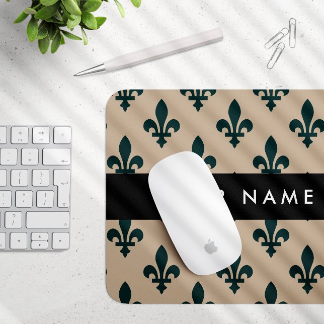 Fleur de Lis, Green on Beige, Royal, Your Name Mouse Mat (Creator Uploaded)