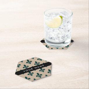 Fleur de Lis, Green on Beige, Royal, Your Name Paper Coaster