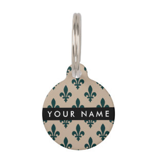 Fleur de Lis, Green on Beige, Royal, Your Name Pet Tag
