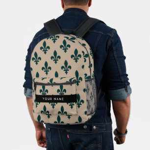 Fleur de Lis, Green on Beige, Royal, Your Name Printed Backpack