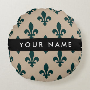 Fleur de Lis, Green on Beige, Royal, Your Name Round Cushion