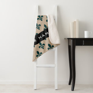 Fleur de Lis, Green on Beige, Royal, Your Name Sherpa Blanket