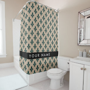 Fleur de Lis, Green on Beige, Royal, Your Name Shower Curtain