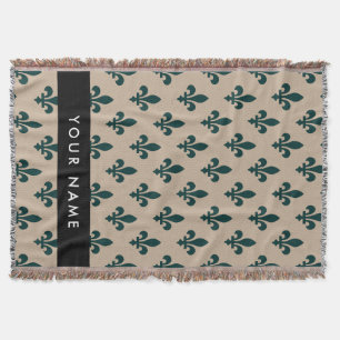 Fleur de Lis, Green on Beige, Royal, Your Name Throw Blanket
