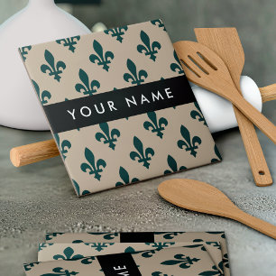 Fleur de Lis, Green on Beige, Royal, Your Name Tile