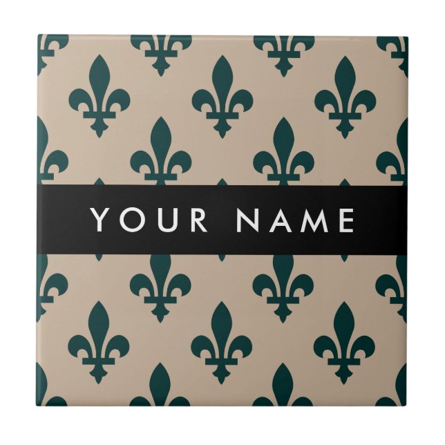 Fleur de Lis, Green on Beige, Royal, Your Name Tile (Front)