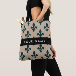 Fleur de Lis, Green on Beige, Royal, Your Name Tote Bag