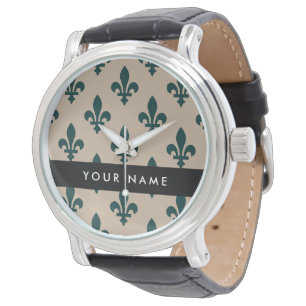 Fleur de Lis, Green on Beige, Royal, Your Name Watch