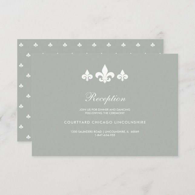 Fleur-de-lis Grey White Wedding Reception Card (Front/Back)