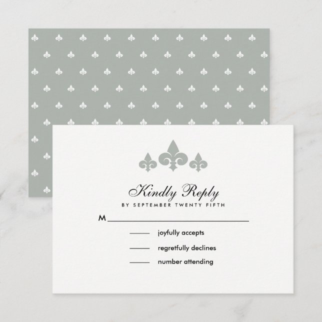 Fleur-de-lis Grey White Wedding RSVP Cards (Front/Back)