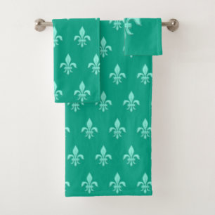 Fleur de Lis in Light Aqua on Turquoise Bath Towel Set