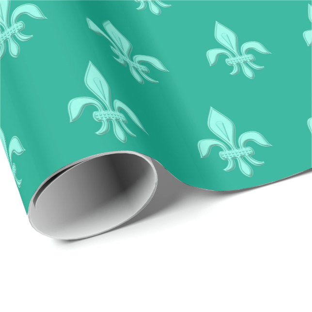 Fleur de Lis in Light Aqua on Turquoise Wrapping Paper (Roll Corner)