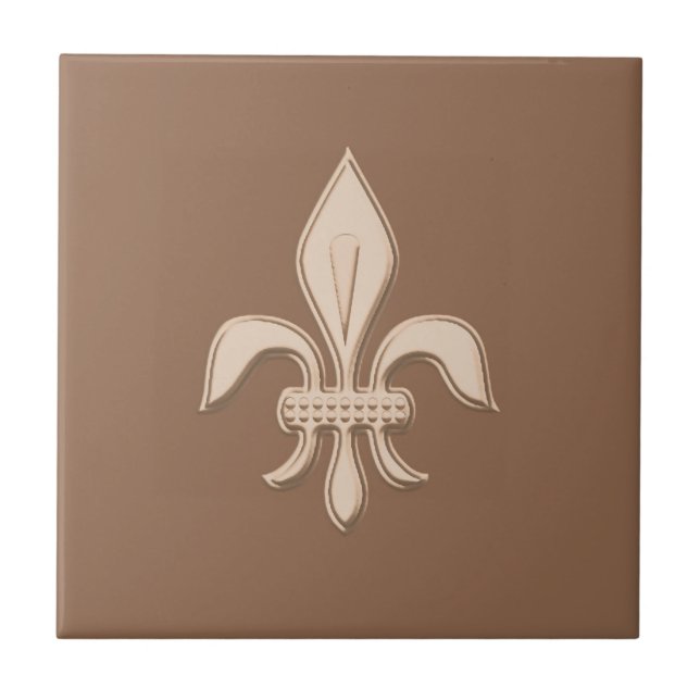 Fleur de Lis in Light Beige on Taupe Tan Tile (Front)