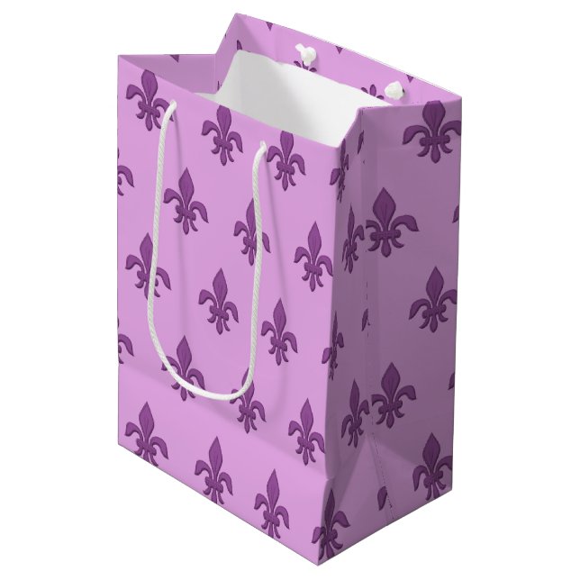 Fleur de Lis in Violet Purple on Lavender Medium Gift Bag (Front Angled)