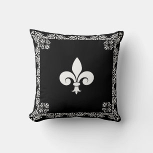 Fleur de Lis in White & Frame on Black Cushion