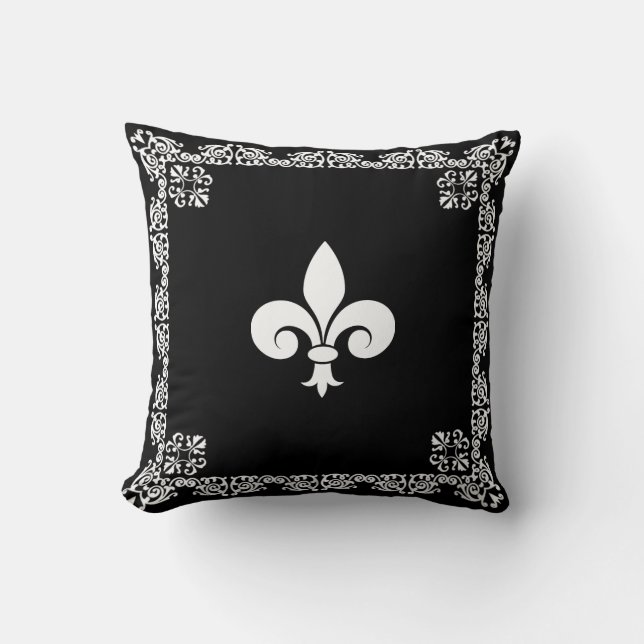 Fleur de Lis in White & Frame on Black Cushion (Front)