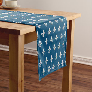 Fleur de Lis in White on Deep Cobalt Blue     Short Table Runner