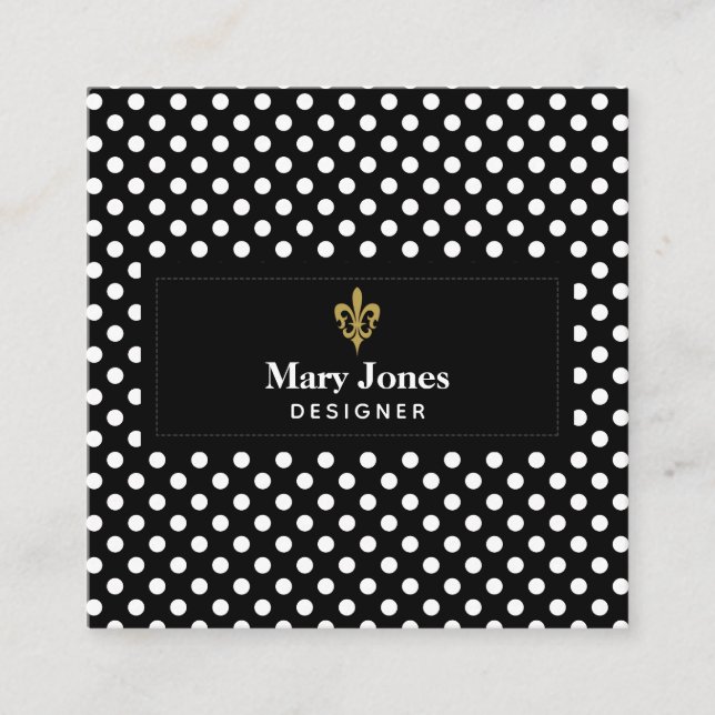 Fleur De Lis Label With White Polka Dots Square Business Card (Front)