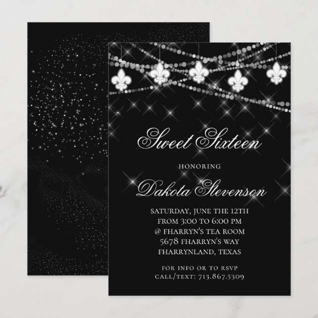 Fleur de Lis Lights | Black Mardi Gras Sweet 16 Invitation (Front/Back)