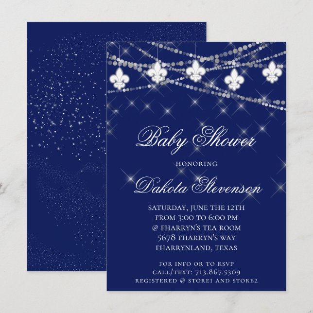 Fleur de Lis Lights | Blue Mardi Gras Theme Shower Invitation (Front/Back)