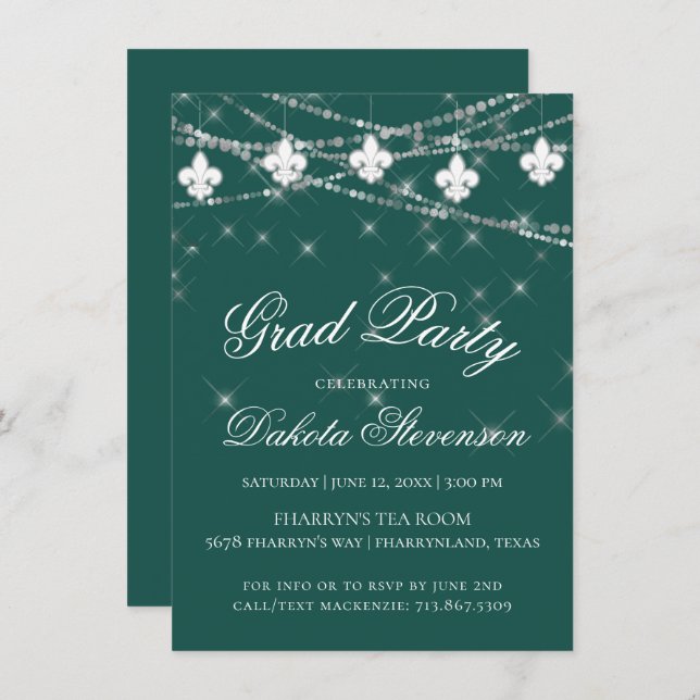 Fleur de Lis Lights | Green Theme Graduation Party Invitation (Front/Back)