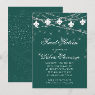 Fleur de Lis Lights   Green Theme Sweet Sixteen Invitation