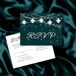 Fleur de Lis Lights Midnight Teal Rustic RSVP Invitation Postcard