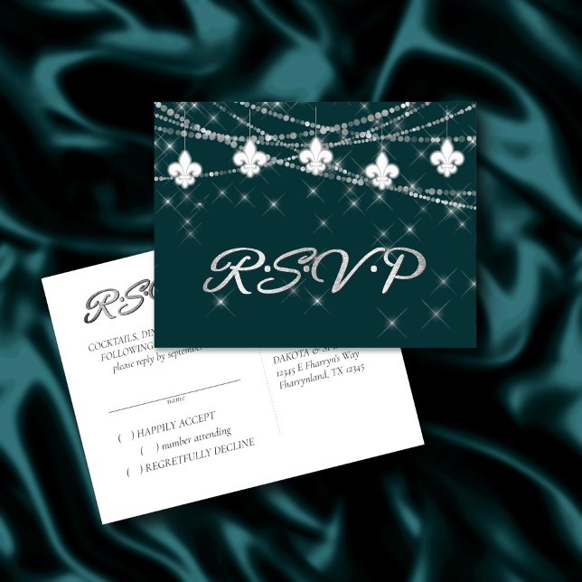 Fleur de Lis Lights | Midnight Teal Rustic RSVP Invitation Postcard (Creator Uploaded)