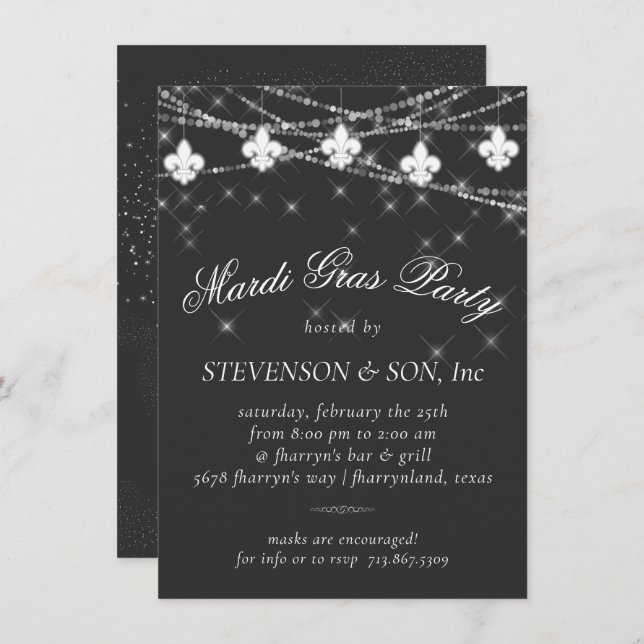 Fleur de Lis Lights | Minimal Grey Mardi Gras Invitation (Front/Back)