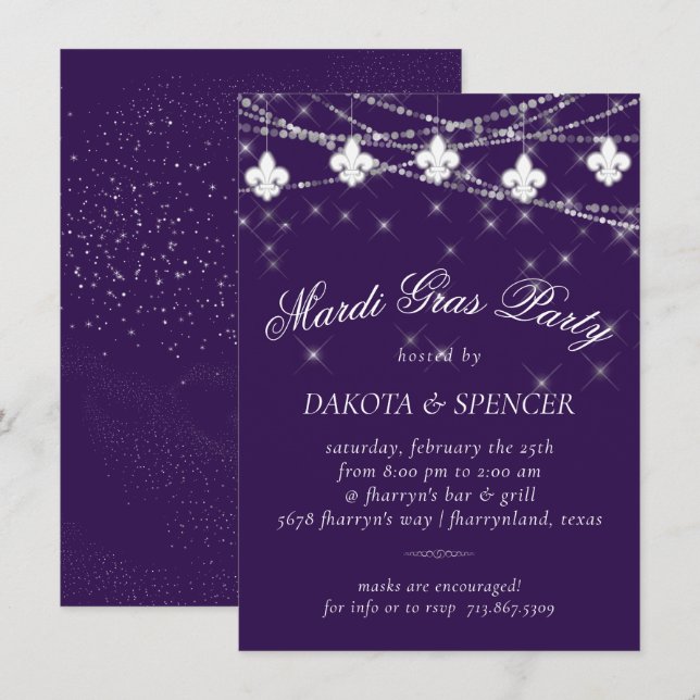 Fleur de Lis Lights | Purple Moody Mardi Gras Invitation (Front/Back)