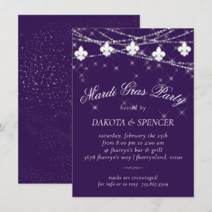 Fleur de Lis Lights   Purple Moody Mardi Gras Invitation