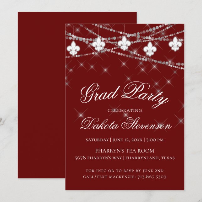Fleur de Lis Lights | Red Theme Graduation Party Invitation (Front/Back)