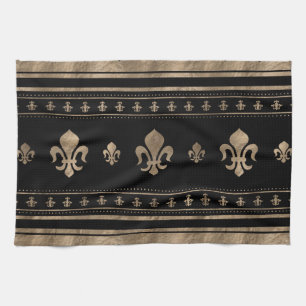 Fleur-de-lis Luxury ornament - black and gold Tea Towel