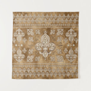 Fleur-de-lis luxury pearl and gold ornament tapestry