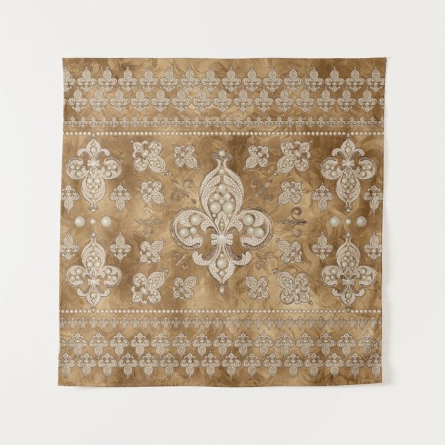 Fleur-de-lis luxury pearl and gold ornament tapestry (Front)