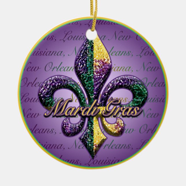 Fleur de lis Mardi Gras beads Ceramic Tree Decoration (Front)