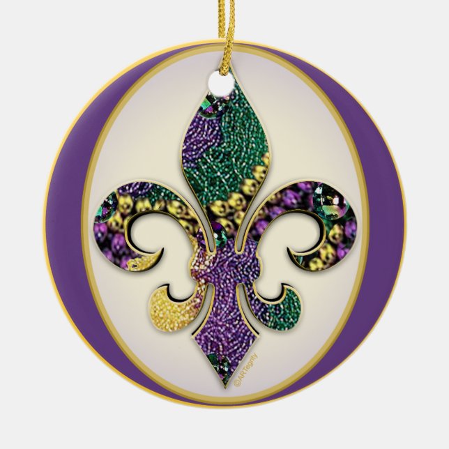 Fleur de lis Mardi Gras beads Ceramic Tree Decoration (Front)