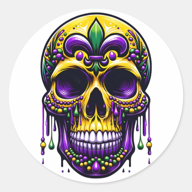 Fleur De Lis Mardi Gras Skull New Orleans Carnival Classic Round Sticker (Front)