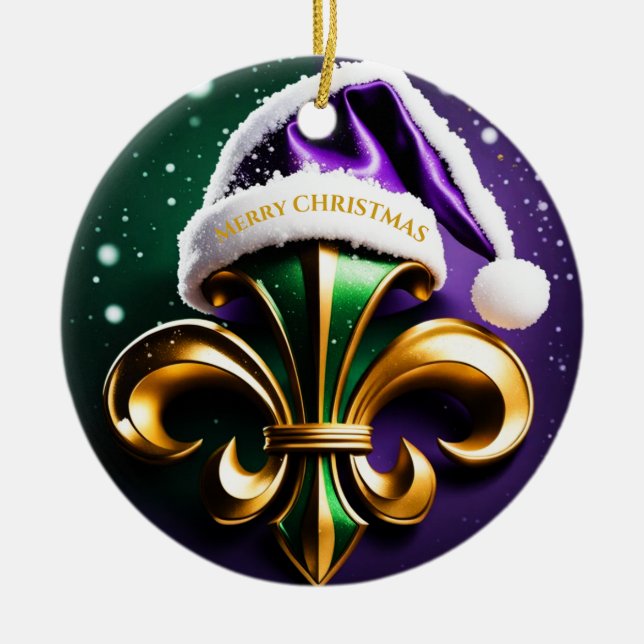 Fleur De Lis Merry Christmas Design Ceramic Tree Decoration (Front)