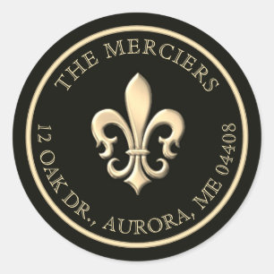 Fleur de Lis Metallic Gold Black Return Address Classic Round Sticker