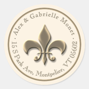 Fleur de Lis Metallic Gold Ivory Return Address Classic Round Sticker
