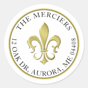 Fleur de Lis Metallic Gold Return Address Classic Classic Round Sticker