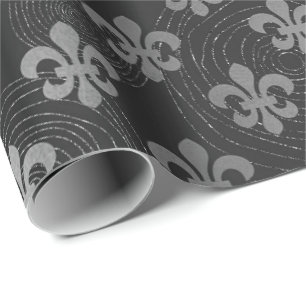 Fleur de Lis Metallic  Silver  Black Grey Circles Wrapping Paper