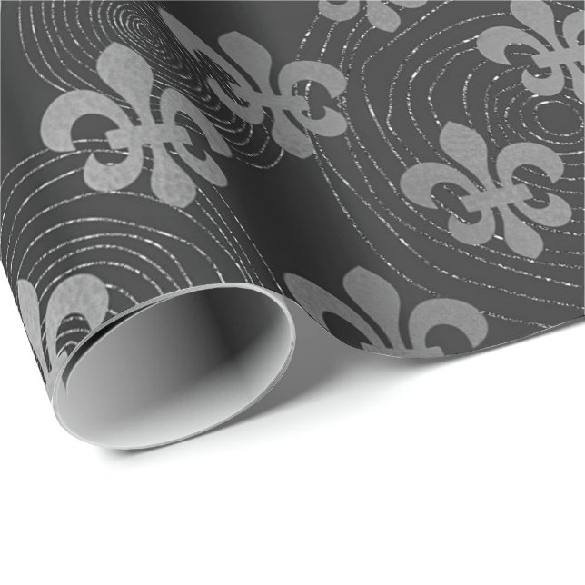 Fleur de Lis Metallic  Silver  Black Grey Circles Wrapping Paper (Roll Corner)