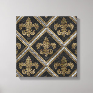 Fleur-de-lis mosaic tile pattern black and gold canvas print