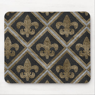 Fleur-de-lis mosaic tile pattern black and gold mouse mat