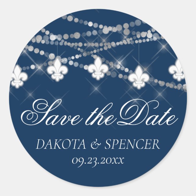 Fleur de Lis Navy Blue Lights | Chic Save the Date Classic Round Sticker (Front)