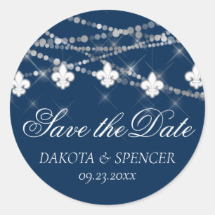 Fleur de Lis Navy Blue Lights   Chic Save the Date Classic Round Sticker