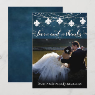 Fleur de Lis Navy Blue Lights   Photo Love and Thank You Card